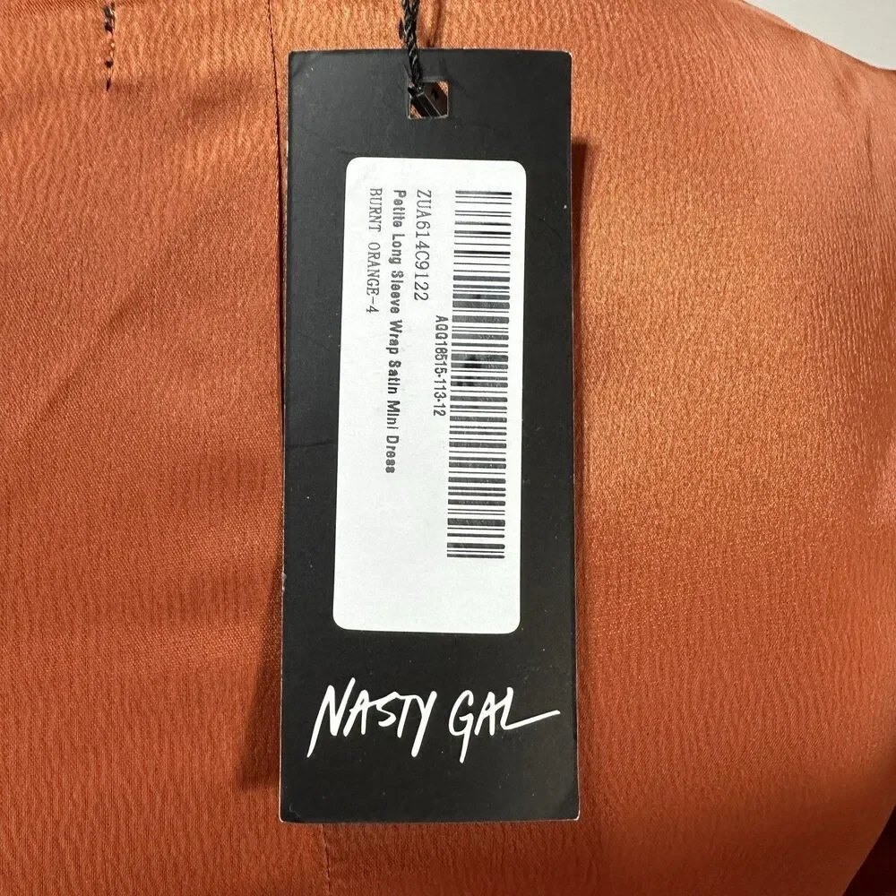 NASTY GAL Burnt Orange Faux Wrap Satin Mini  Dress Size 4 Long Sleeve NWT - Picture 5 of 12